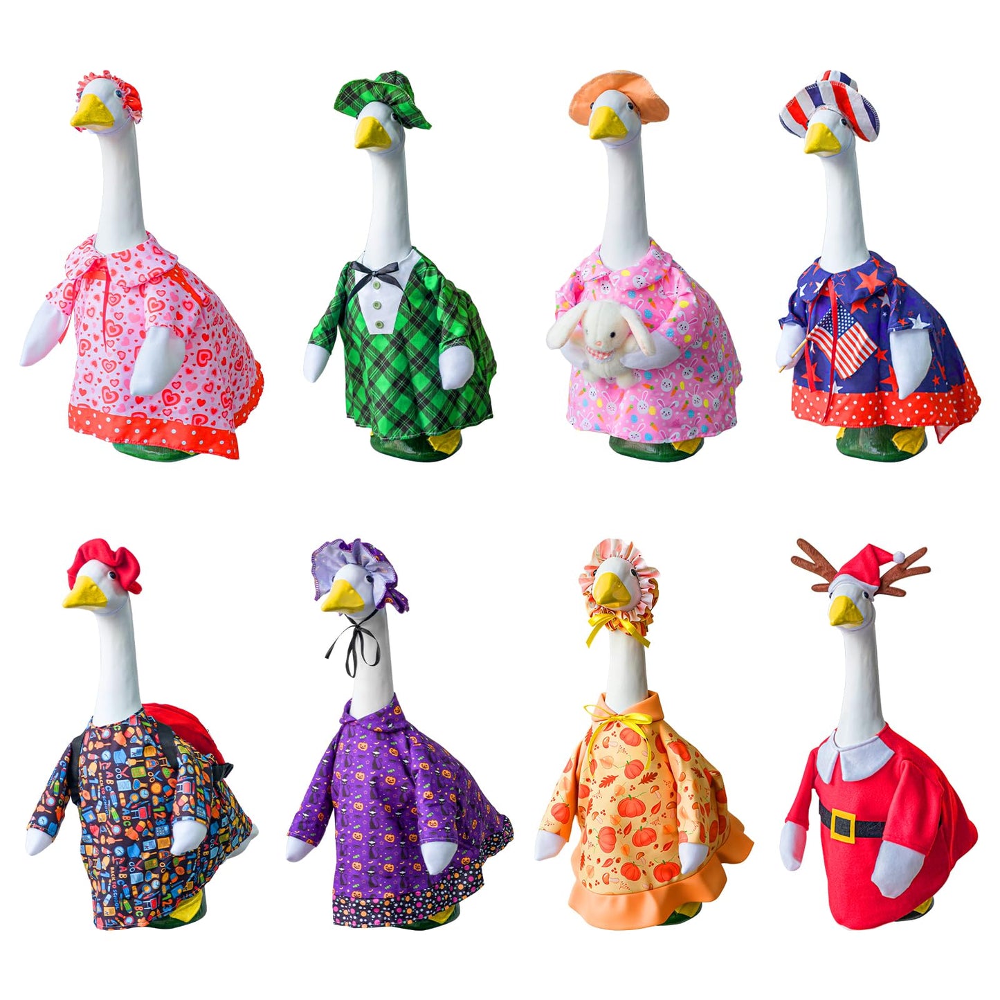8 Set Porch Goose Outfits All Seasons Holiday Bundle, Valentine's Day, St. Patrick's, Easter, Independence, Back School, Halloween, Thanksgiving, Christmas Clothing for 23" Lawn Goose Patio Yard Deco