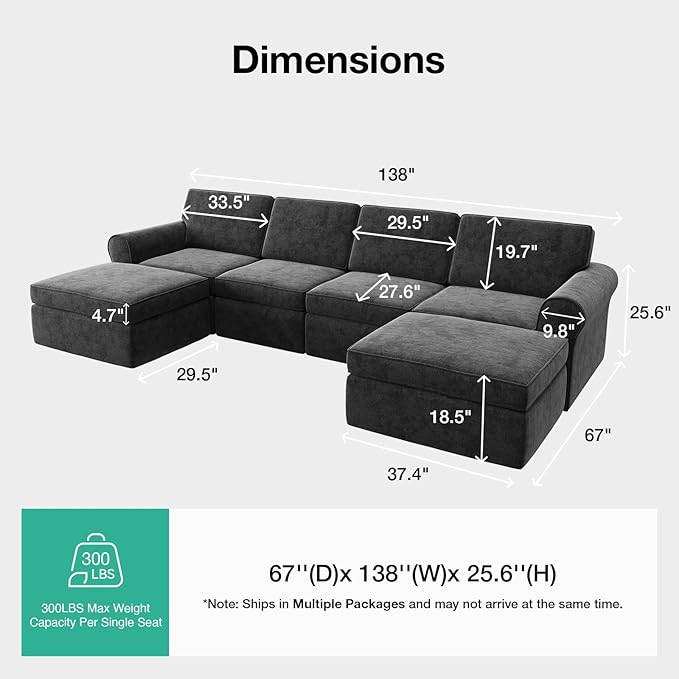 Novilla 138" Modular Sectional Sofa, Modular Sectional Couches
