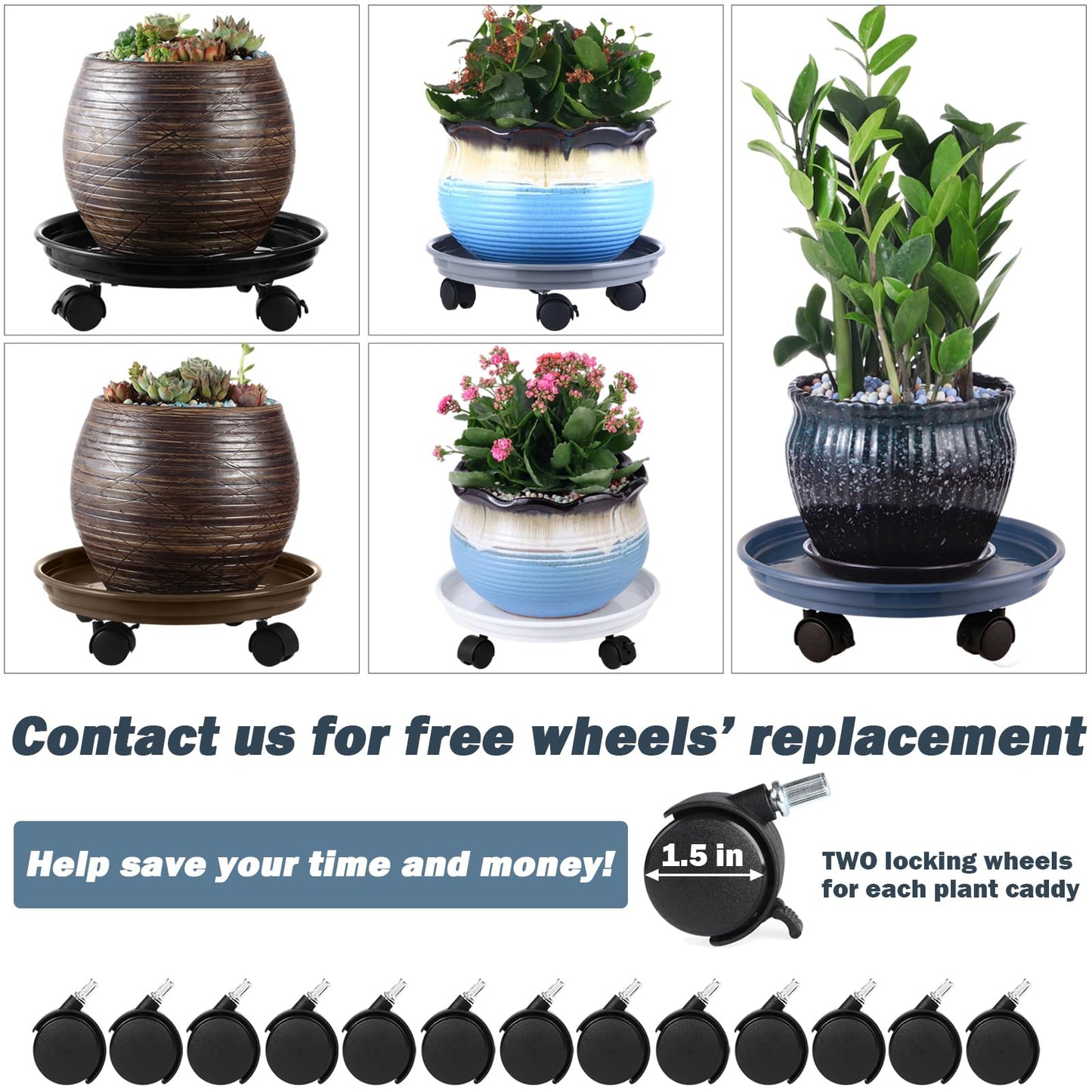 8 Packs Plastic Plant Caddy with Wheels 12” Heavy-Duty Rolling Plant Stand with Wheels Plant Dolly with Casters for Indoor and Outdoor Plant Roller Base Plant Saucer Mover, Black