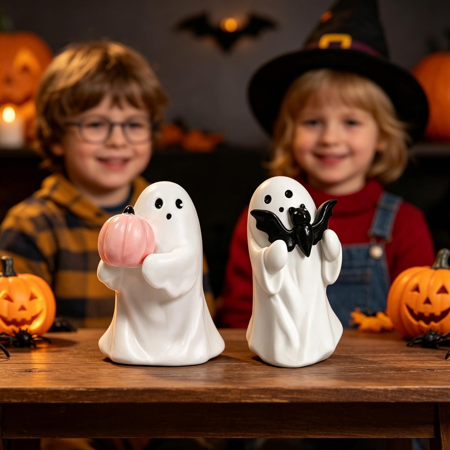 WGXIA Ghost Figurine Decor - 2Packs Small Halloween Ghost Statue for Home Decorative - Cute Mini Spooky Ghosts Pink Halloween Decor for Desk Office Table Centerpieces Ornament (White - Set of 2)
