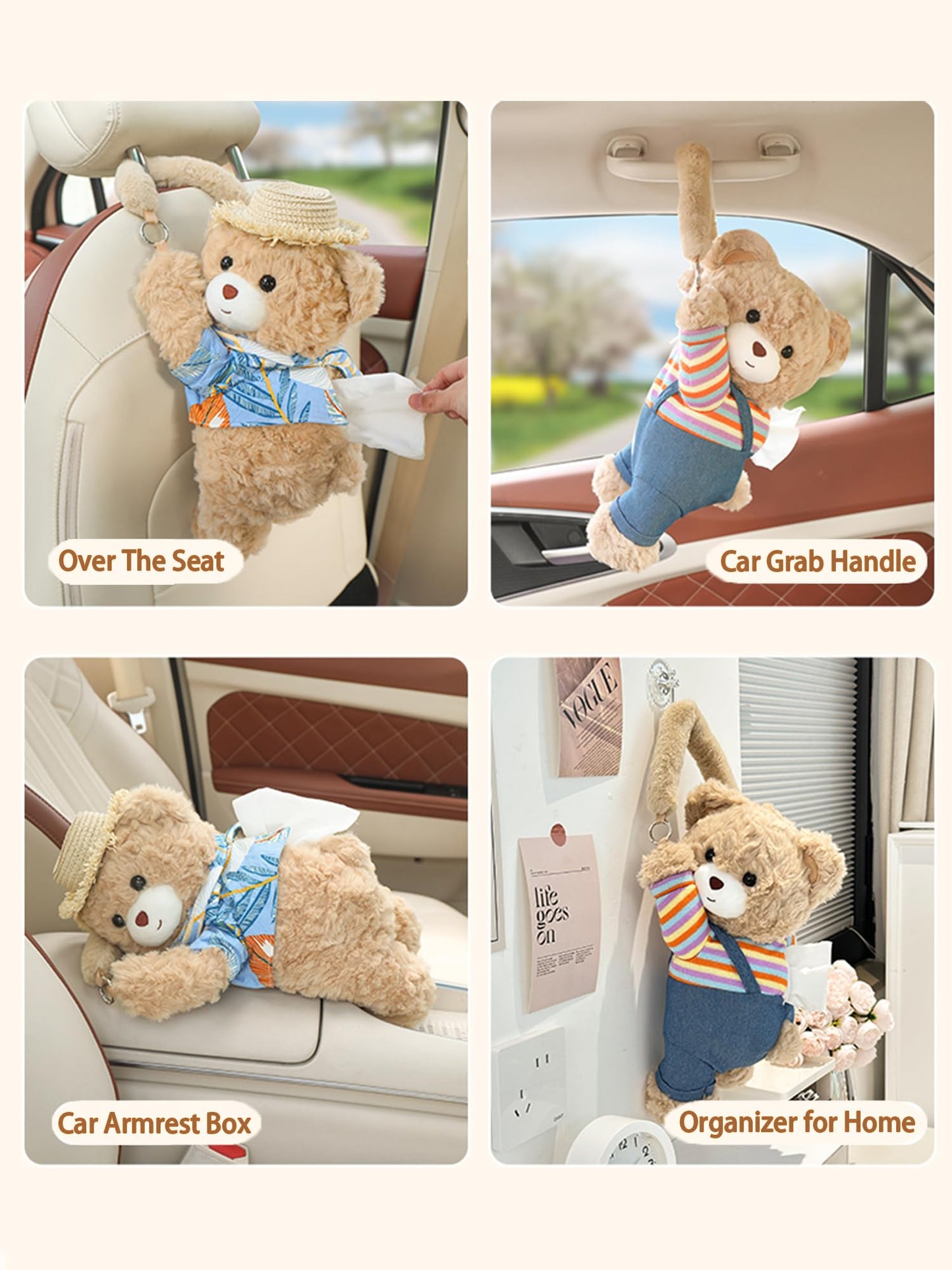 VimoDemo Cute Car Tissue Holder Accessories Animal Teddy Bear Funny Plushie Plush Hanging Tissue Cover Box in Car Decorative Tissue Storage for Home Bathroom Bedroom Office