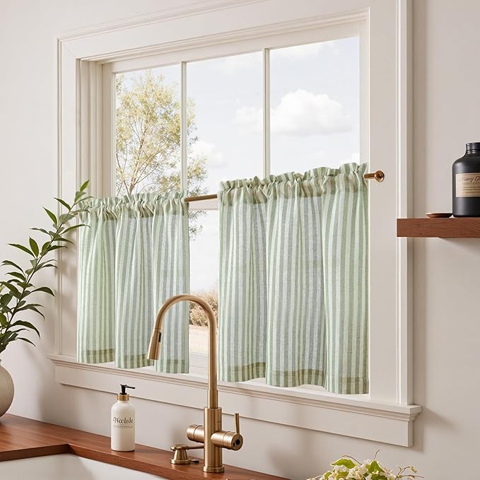 jinchan Striped Linen Kitchen Curtains 24 Inches Length Tier Curtains Farmhouse Modern Cafe Style Small Window Treatments Airy Light Filtering Rod Pocket for Living Room Bathroom 2 Panels Sage Green