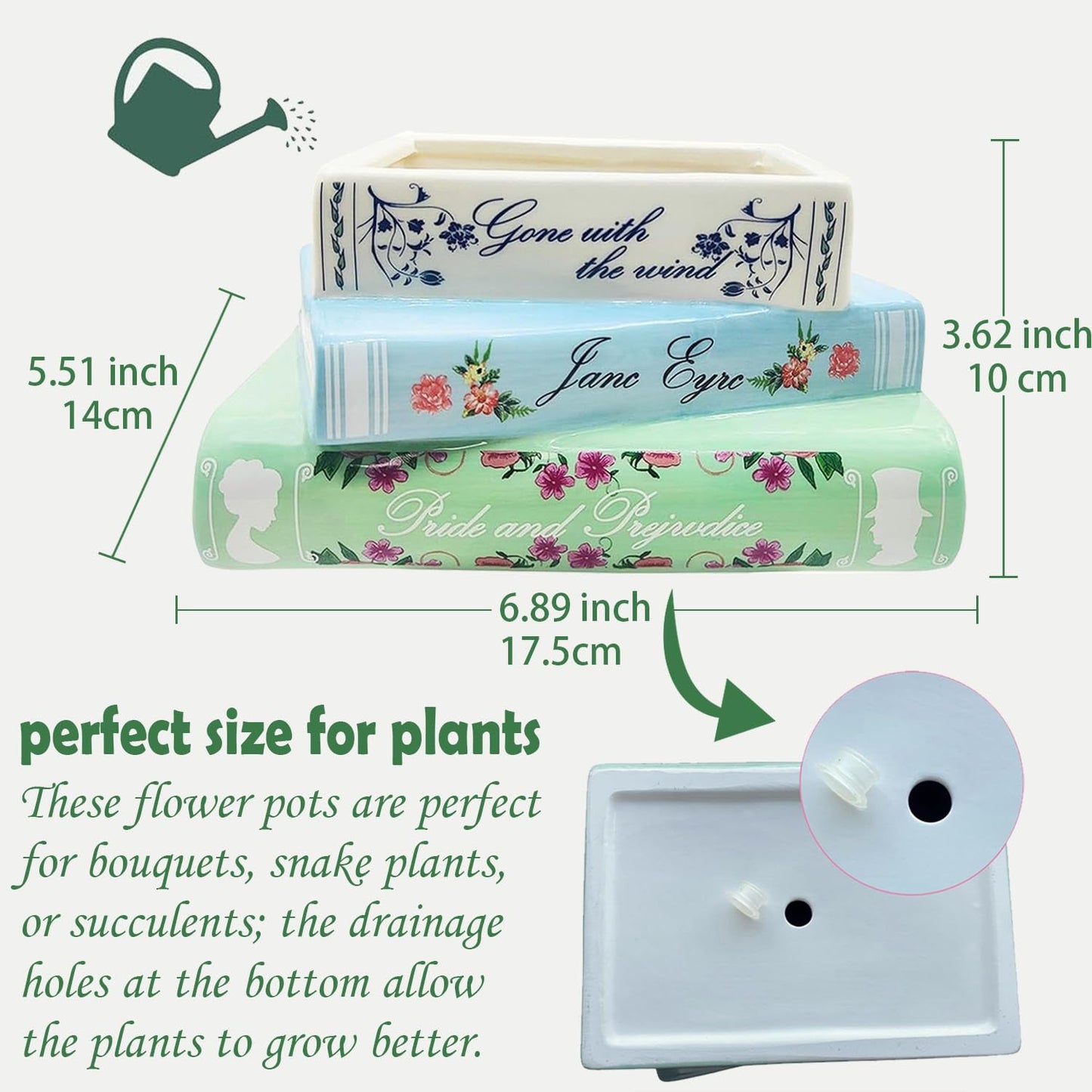 Book Planter Decor - Cute Bookshelf Plant Pots, Small Book Shaped Ceramic Planters, Book Flowers Vase with Drainage Hole, Classic Titles Bookstack for Book Lovers Gifts for Home Bedrooms, Living Rooms