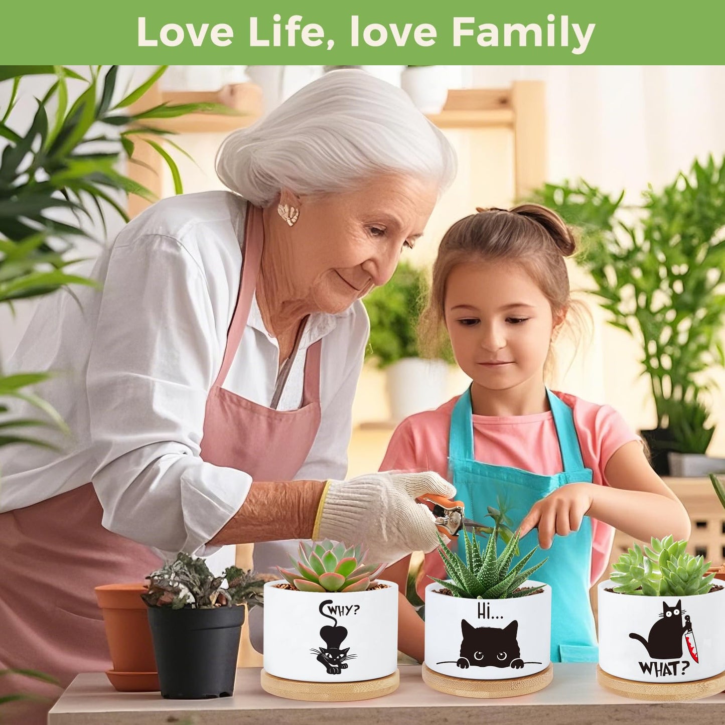 KONROOWEI 3 Pcs Cat Ceramic Plant Pots,Funny Cat Planter Gifts for Women,for Indoor Plants Garden Planters Succulent Pots, with Drainage Holes and Saucer(No Plants)