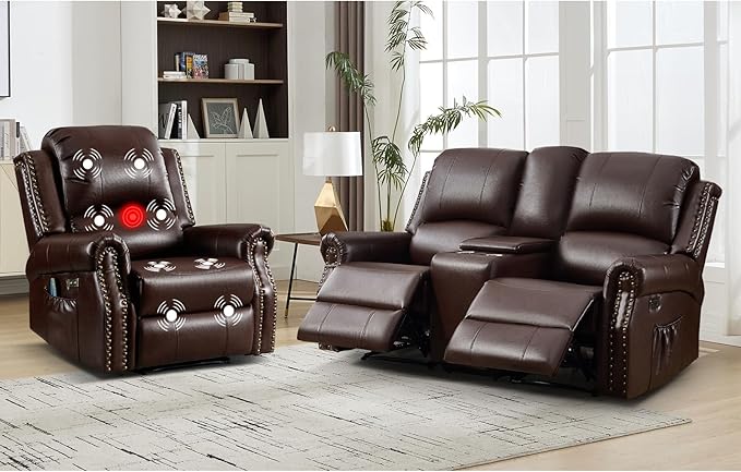 EBELLO 2-Piece Manual Recliner Sofa Set, Faux Leather Message Single Recliner