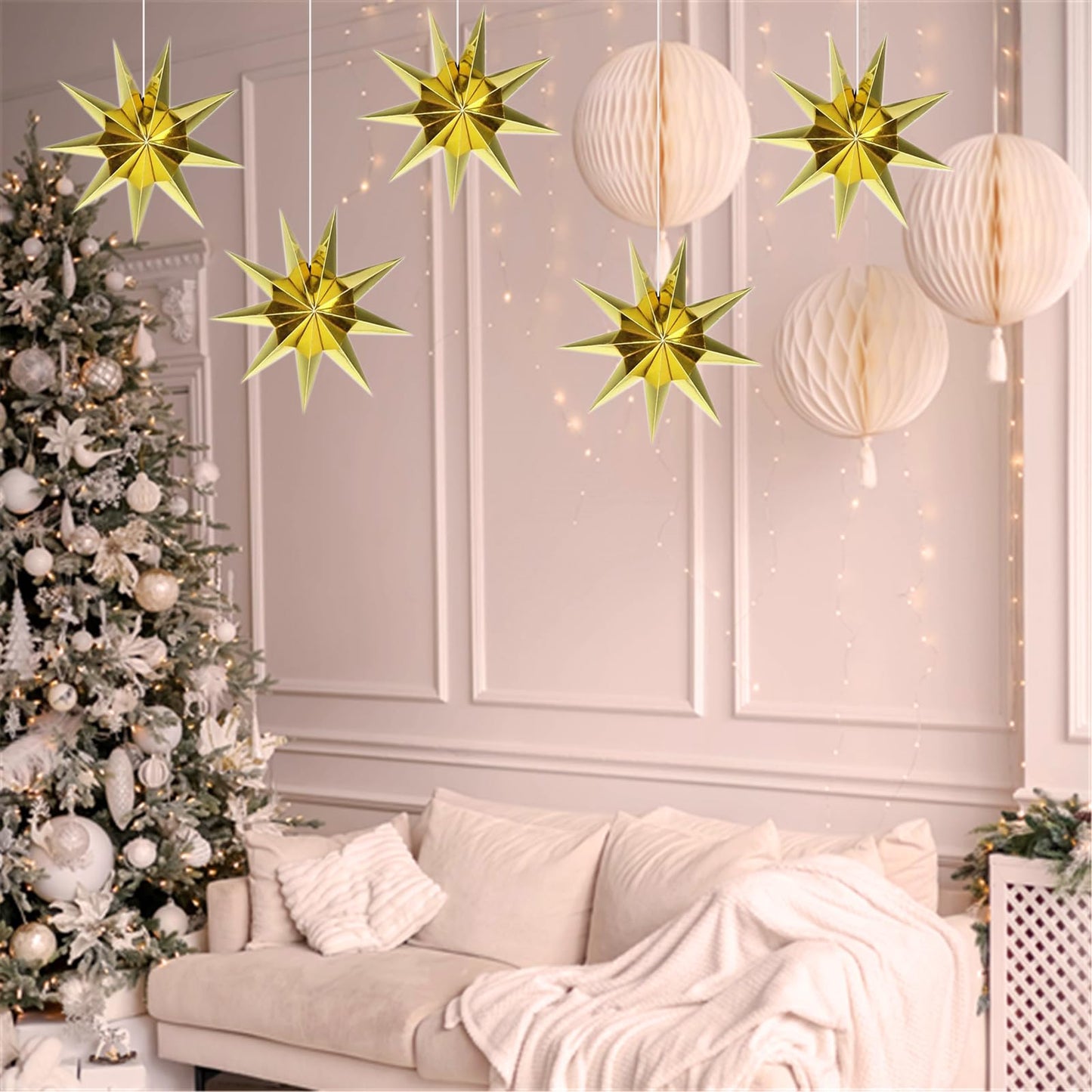 5Pcs Gold Christmas Paper Star,12 Inch Large 9 Pointed Hanging Star Lantern for Xmas Tree,Fireplace,Porch,Birthday Party,Home Decor