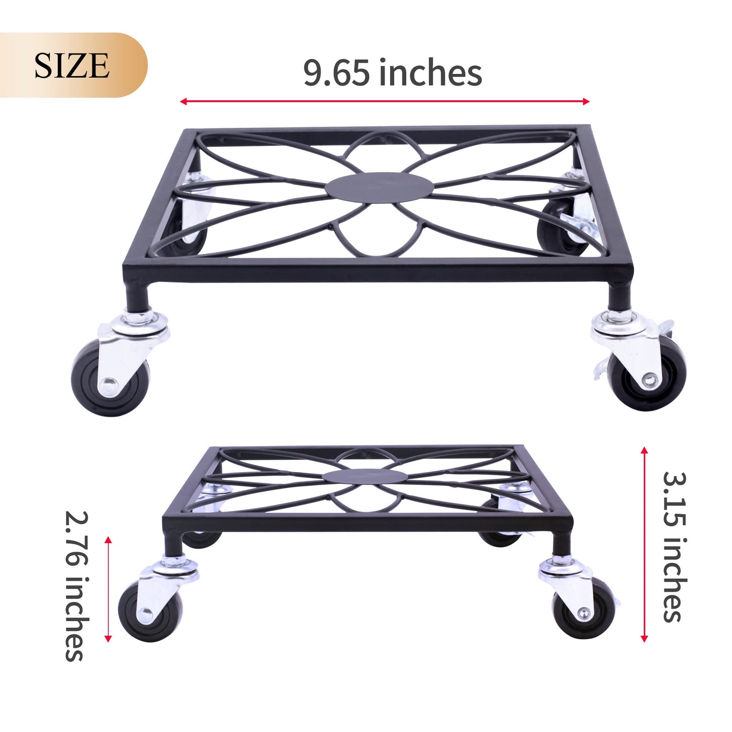 OFILLES 2pcs Black Metal Plant Stand with Wheels, Square Pattern Plant Caddy, Heavy Duty Plant Pot Stand for Indoor Outdoor
