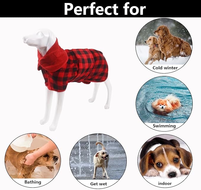 Geyecete Dog Drying Coat - Fast Drying Dog Bathrobe Towel - Microfibre Super Absorbent Pet Cat Bath Robe - Red Black Grid-S