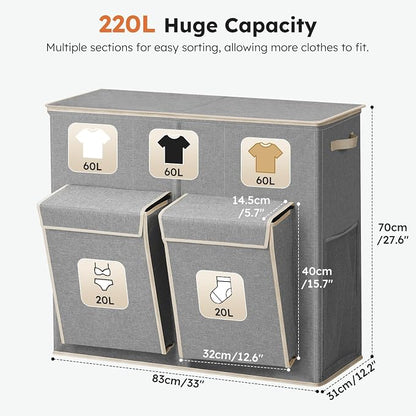 SOLEDI 220L Laundry Hamper 3 Section,Extra Large Laundry Basket with Lid and 2 Side Pockets, Dirty Clothes Hamper with Removable Bag Easy to Carry for Laundry Room, Bedroom, Bathroom, Grey