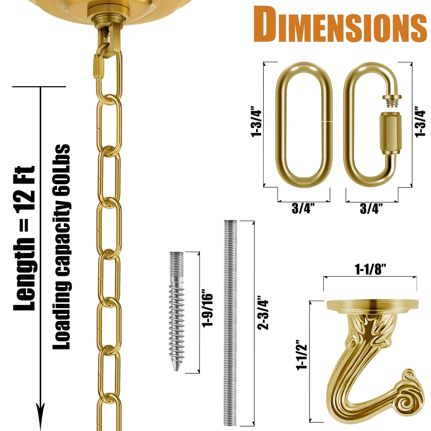 Omytie 12 Ft Heavy Duty Hanging Chain Kit with Connection Locks & Swag Ceiling Hooks for Lighting Fixture, Chandelier, Pendant, Lantern, Swag Lamp, Plant/Flower/Fruit Basket, Bird Feeder (Brass)