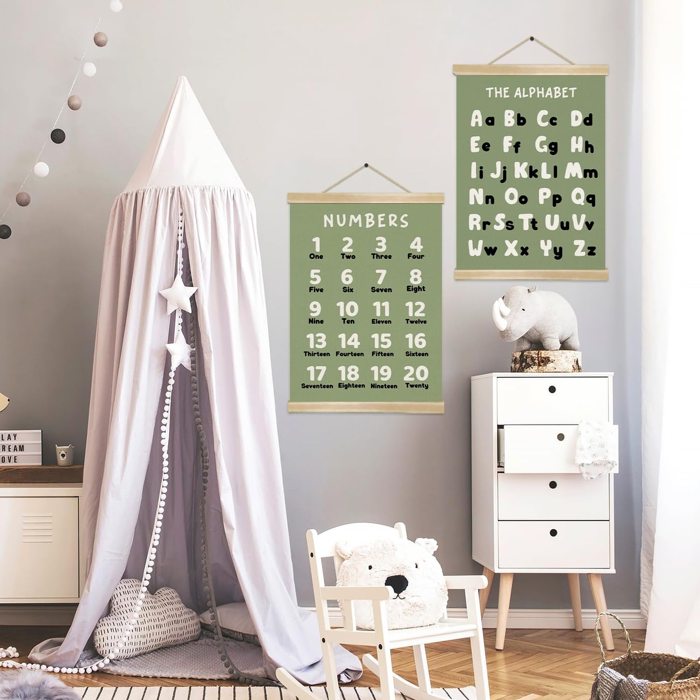 Alphabet and Numbers Chart Poster Set of 2, Alphabet Numbers Wall Art 14x18.5inch,ABC Banner Posters, Banner Wall Hanging Decor for Toddler Room Playroom Nursery Wall Classroom Decor (Olive Green ABC&123)