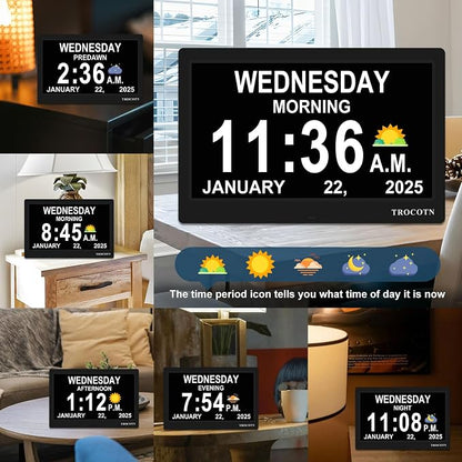 TROCOTN Dementia Clocks, Large Display Calendar Alarm Clock with Auto DST for Seniors, 5 Display Modes Large Font Digital Clock with Custom Alarms Day Date Clocks. (10 Inch Black)