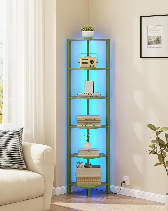TUTOTAK Corner Shelf with LED Light, 6-Tier Corner Bookshelf