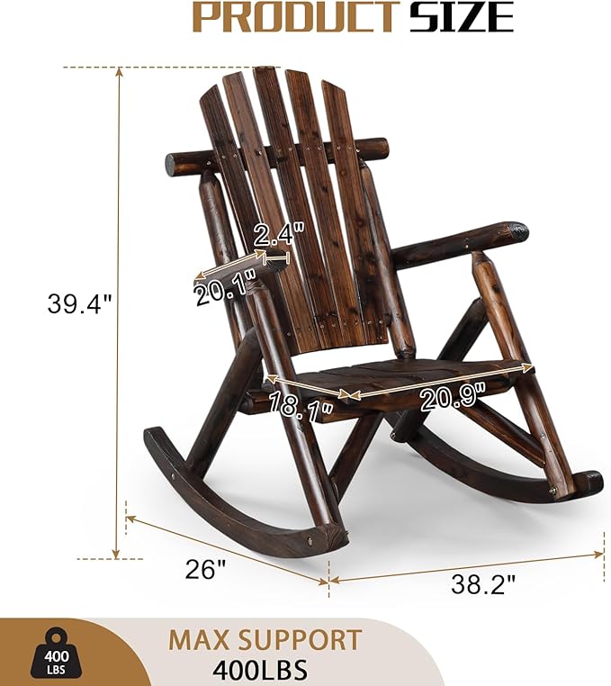 Outvita Wooden Rocking Chair, Fir Log Adirondack Rocker, Outdoor Wood Accent