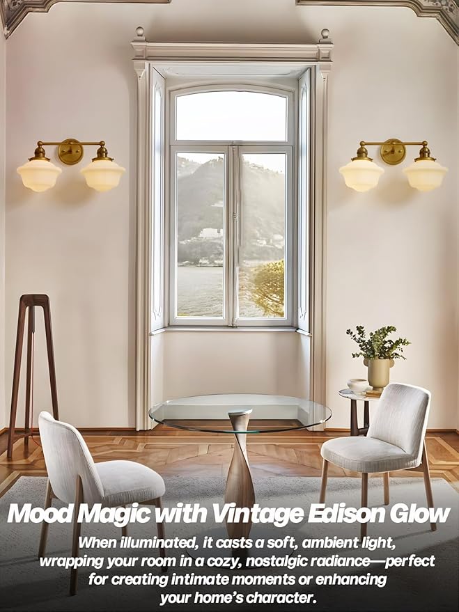 Vintage 2-Lights Wall Sconce Lights Brass Gold Bathroom Vanity Light with Milk Glass Double Sconce Wall Mounted Lamp for Bedroom Living Room Bathroom Mirror Kitchen Hallway Hardwire