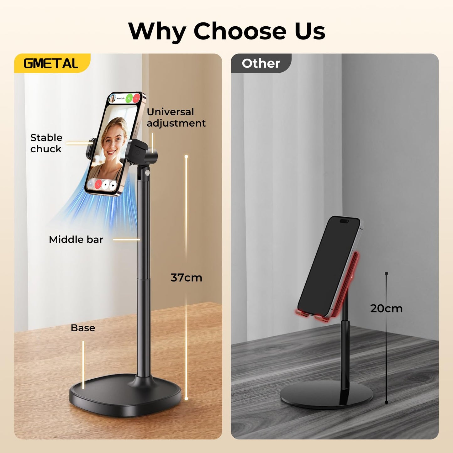 GMETAL Desktop Phone Stand, Adjustable Height & Angle Holder, Compatible with iPhone, Samsung, Android Smartphones - Night Black