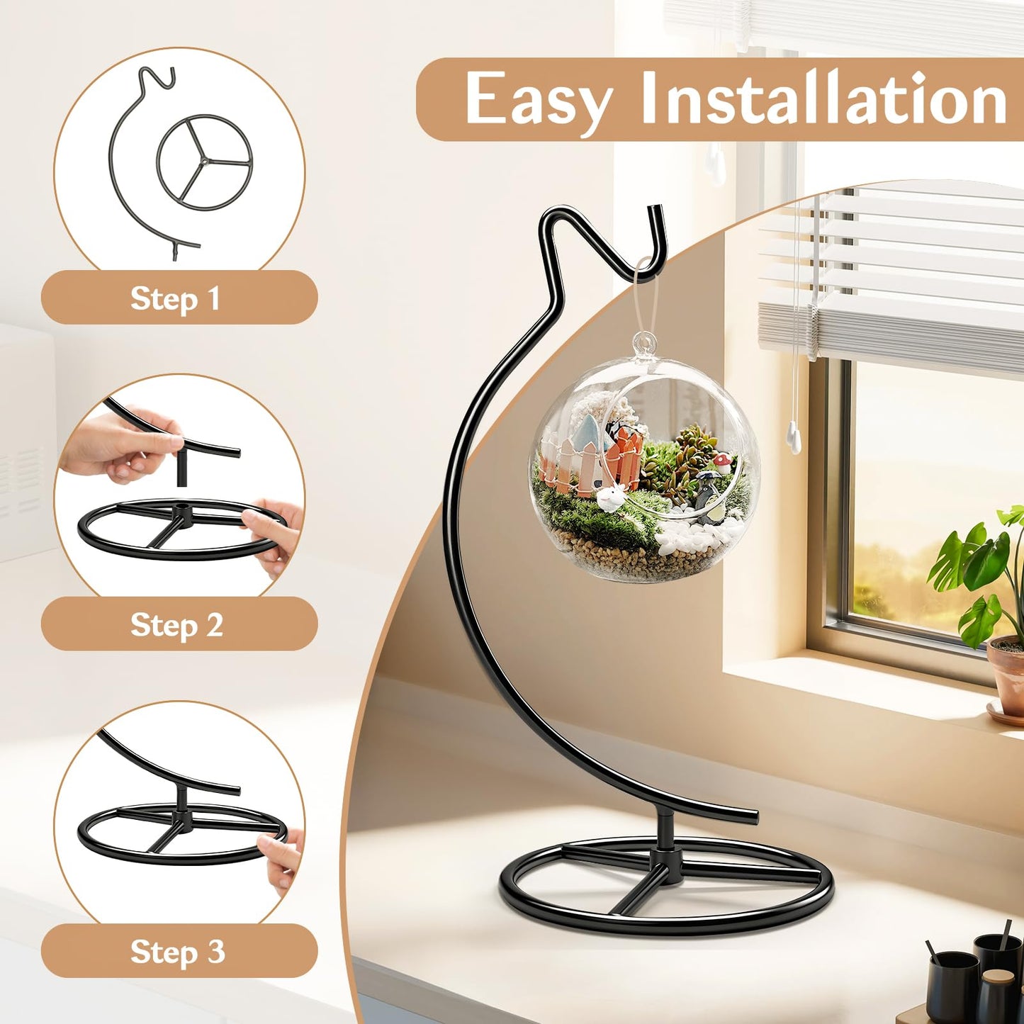 TSUMAZURE Ornament Display Stand with Hook, 11" Black Iron Hanging Stand for Air Plants, Glass Balls, Witch Balls, Terrariums, Christmas & Wedding Decorations, Home & Office Decor (black)