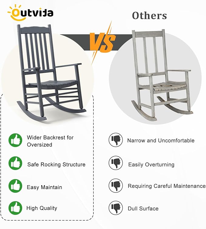 Outvita Outdoor Rocking Chair, Solid Wood High Back Rocker, All Weather Lounge