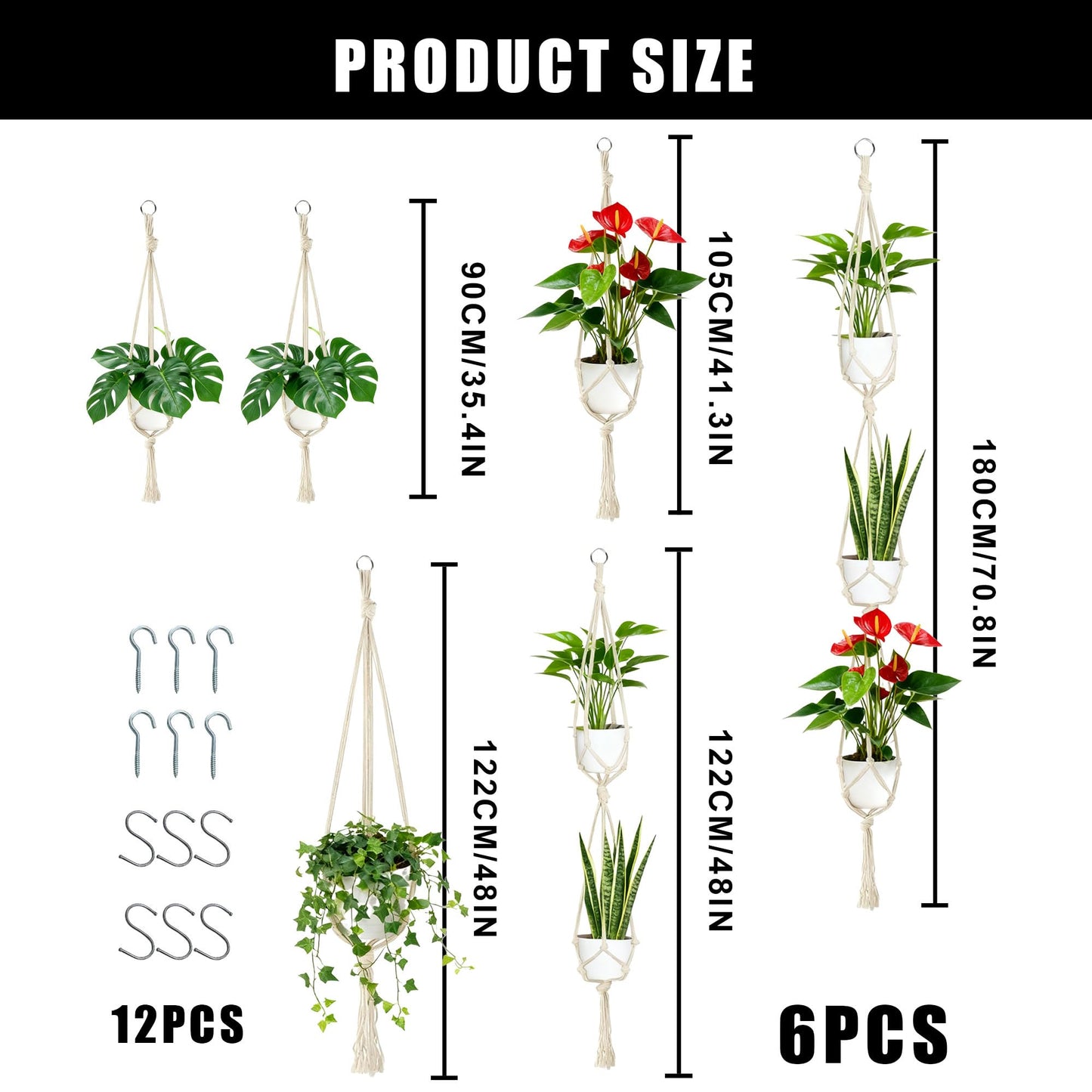 6Pcs White Macrame Plant Hanger Set Different Tiers Hanging Plant Holders Indoor Plant Hangers from Ceiling Hanging Planter Basket Cotton Rope with S Hooks and Hook Nails Boho Home Decor