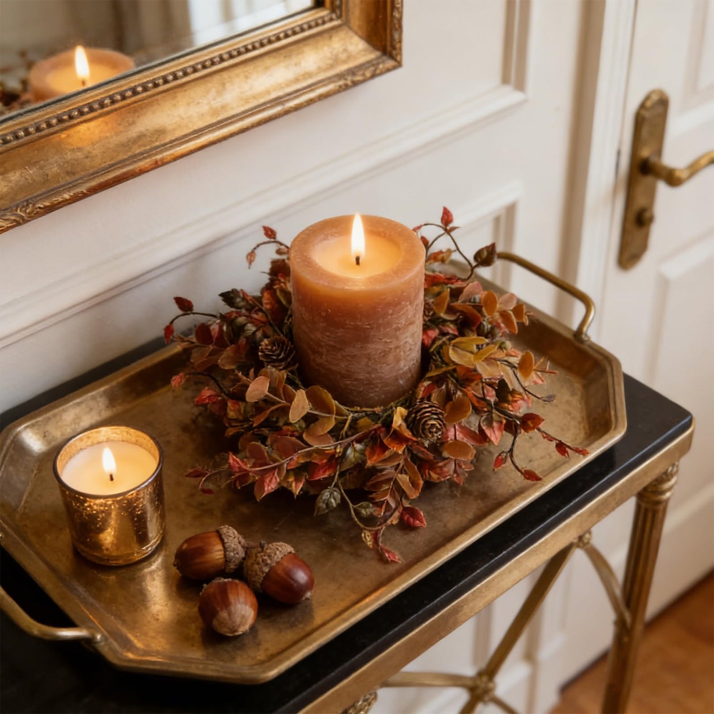 4 Pcs Mini Fall Candle Ring Wreaths Autumn Pinecones Mixed Foliage Artificial Pillar Candle Holder Wreath for Farmhouse Thanksgiving Harvest Porch Front Door Cabinets Table Decoration