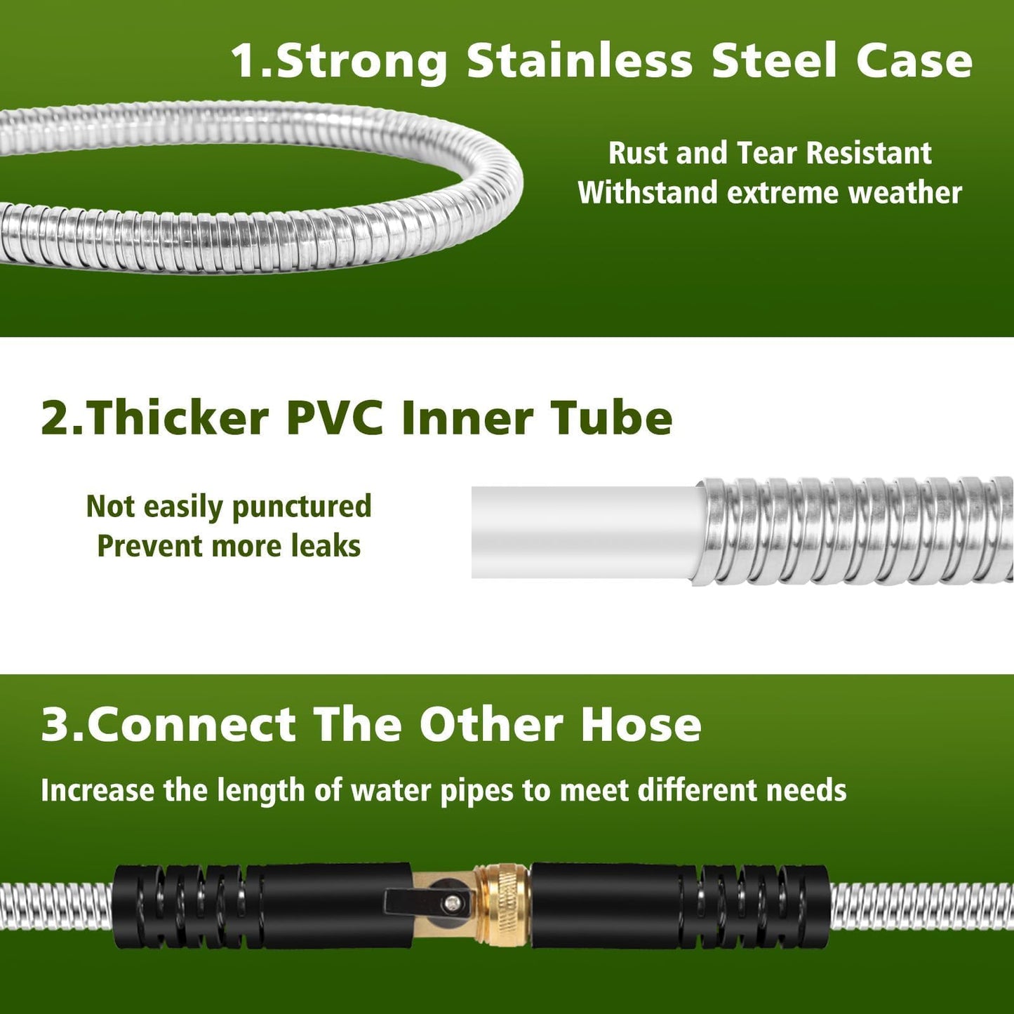 Svansea Metal Garden Hose 50ft Stainless Steel Hose Heavy Duty Flexible Water Hose with 10 Way Spray Nozzle Durable 3/4 Solid Brass Fittings-Outdoor Yard Lightweight No Kink Collapsible Water Pipe