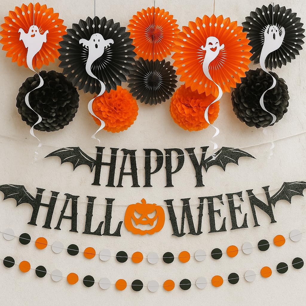 KatchOn, Halloween Banner & Fringe Set-Pack of 23 | Paper Fan Glittery Happy Halloween Garlands, Ghost Hanging Swirls with Burgundy Black and Silver Foil Fringe Curtains | Perfect for halloween Party