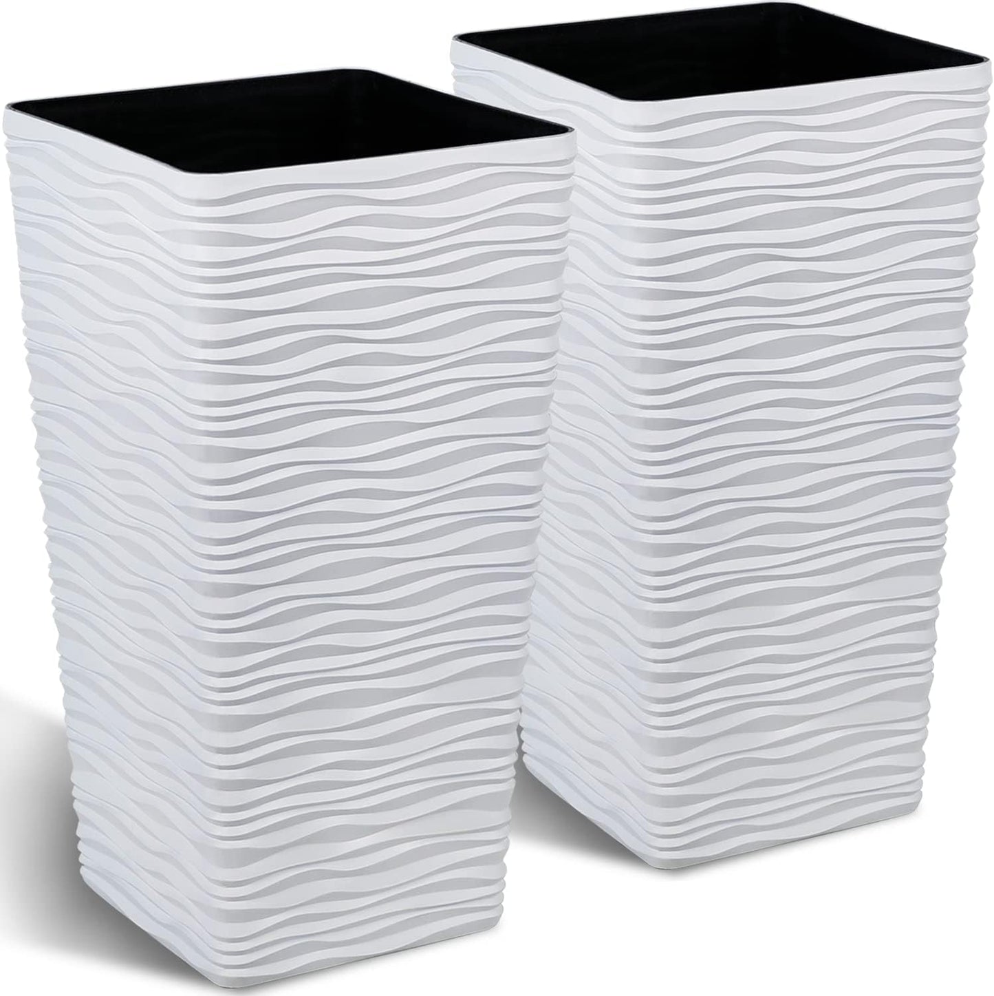Worth Garden 22" Tall Planters Set of 2 - Plastic White Square Plant Pots with Drainage Hole - Modern Large Tapered Matte Wavy Tree Flower Pot for Indoor Outdoor Porch Deck