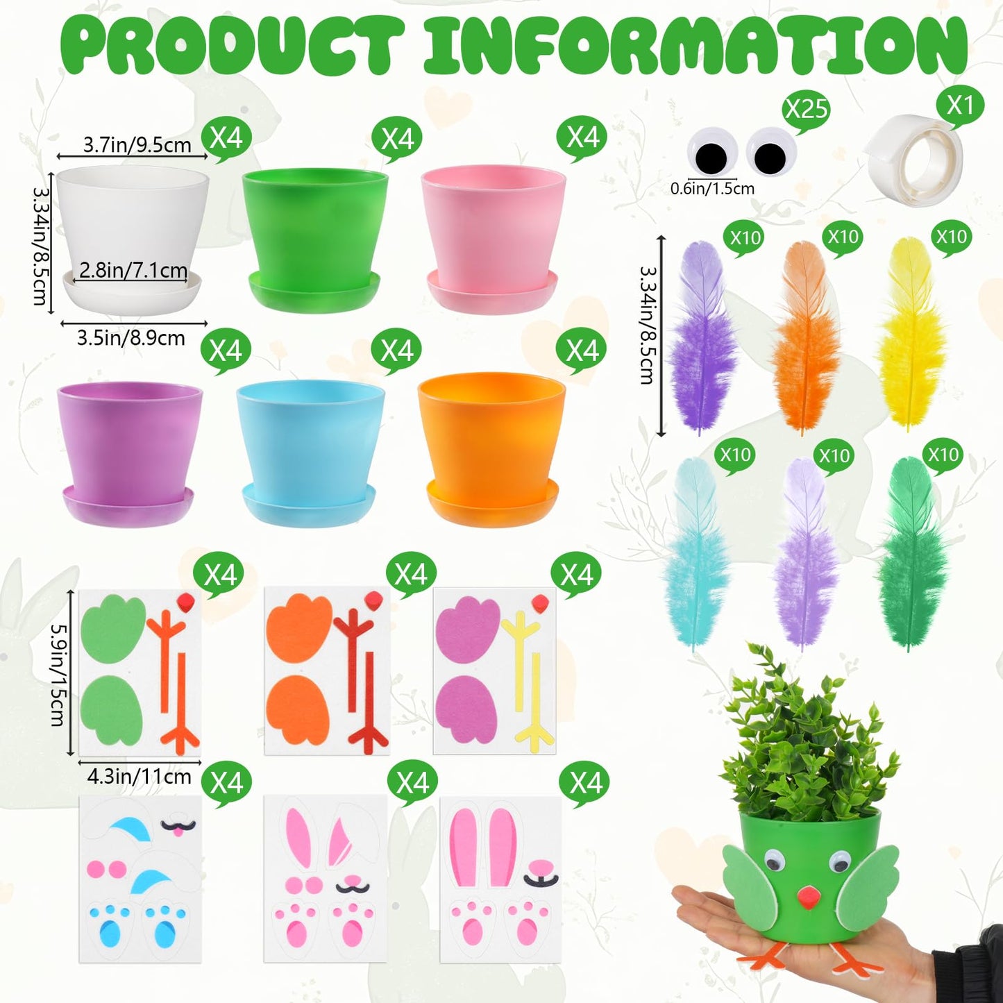 HFYZZ 24 Sets Easter DIY Flower Pots Crafts Kit Include Spring Bunny, and Little Chick Felt Sticker with 24 Flower Pots for Spring Easter Party Decorative Supplies