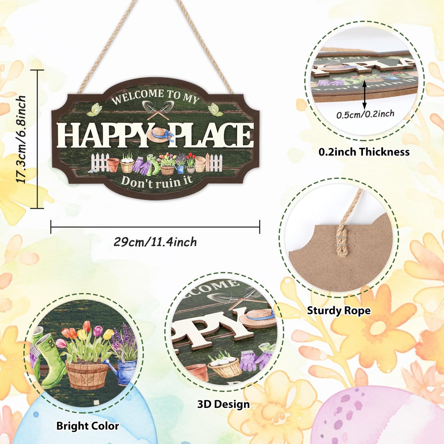 HOURIA 3D Welcome to My Happy Place Don't Ruin it Sign for Patio Yard Garden Decor,Funny Garden Signs for Outside,Gardening Gifts for Gardeners Women Men,Plant Lover Gifts