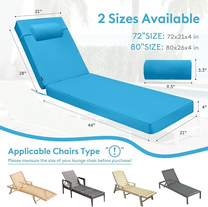 Chaise Lounge Cushion for Outdoor Furniture, Waterproof, Fade-Resistant and