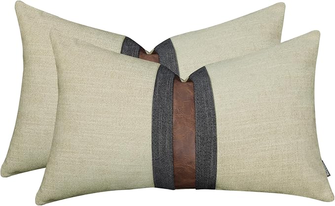 Set of 2 Leather Throw Pillow Covers Lumbar Cotton Linen Decor Patchwork Pillow
