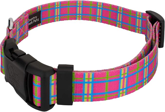 Country Brook Petz - Bubblegum Pink Plaid Everyday Collar and Leash - Plaid and Argyle Collection Featuring Charming Designs (1 Inch, Large)