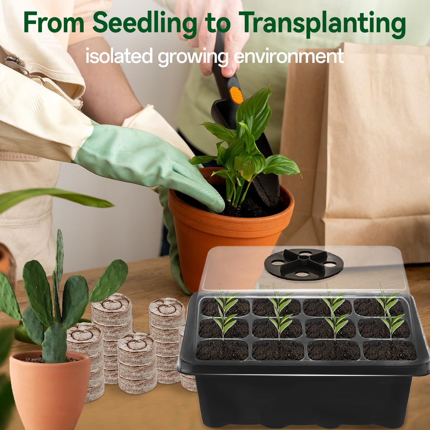 Halatool 8 Pack Seed Starter Tray with 100 PCS Peat Pellets, 96 Cells Black Seeding Starter Trays for Organic Seed Starter Soil Pods for Planting Vegetables Plants Flowers - Starting Seeds Kit