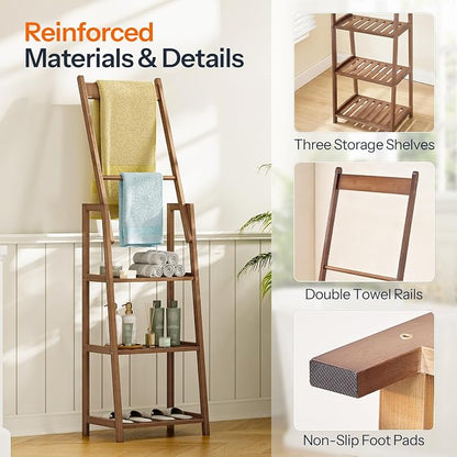 HOOBRO 3 Tier Ladder Shelf, Blanket Ladder, Bookcase Storage Rack Organizer, Bamboo Storage Shelf, Freestanding Shelving Unit, Farmhouse Ladder Rack for Living Room and Bedroom, Mocha MA123CJ01