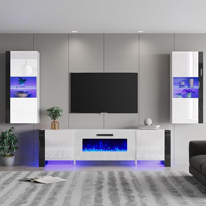 AMERLIFE 3 Piece Modern Wall Unit Entertainment Center Set, High Gloss 70"