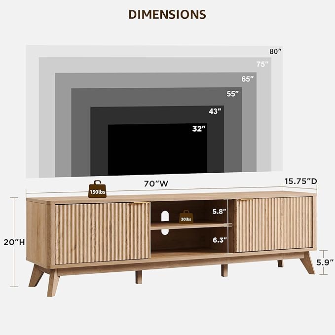 OKD 70" Mid Century Modern Fluted TV Stand, Entertainment Center, Media Console
