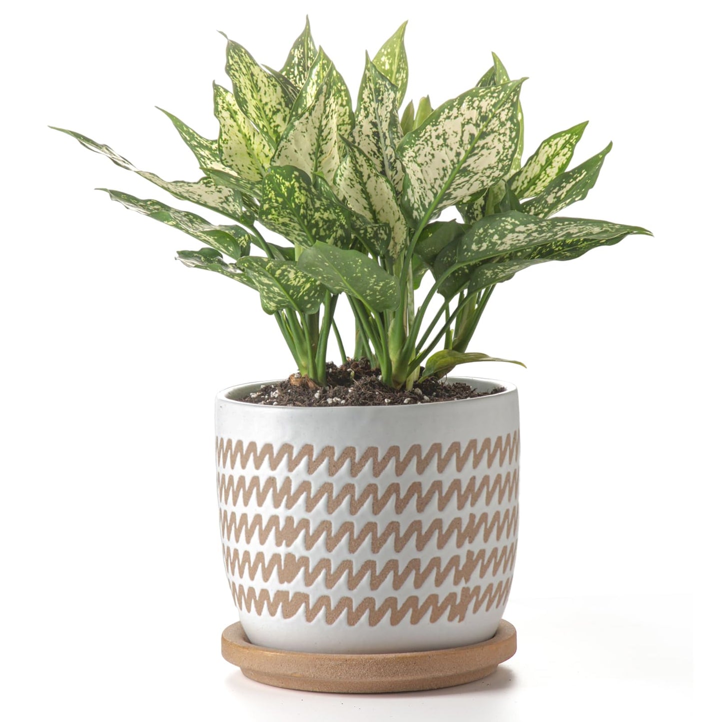 POITONRU Ceramic Flower Pots Indoor-Outdoor: 7.75 Inch Large Planters with Drainage Holes & Saucer - Modern Decorative Plant Pots Ceramic for Home Gardeners (Wave)