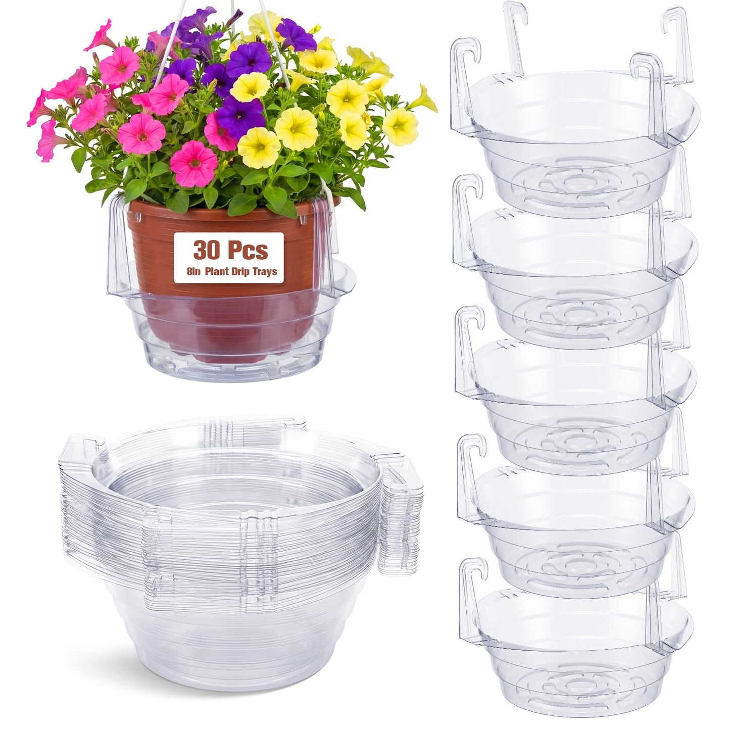 Tandefio 30 Pcs Eight-inch Hanging Plant Water Catcher Tray Bulk, Plastic Clear Plant Saucer Drip Pans Hanging Basket Water Catcher for Indoor Outdoor Basket Flower Pot