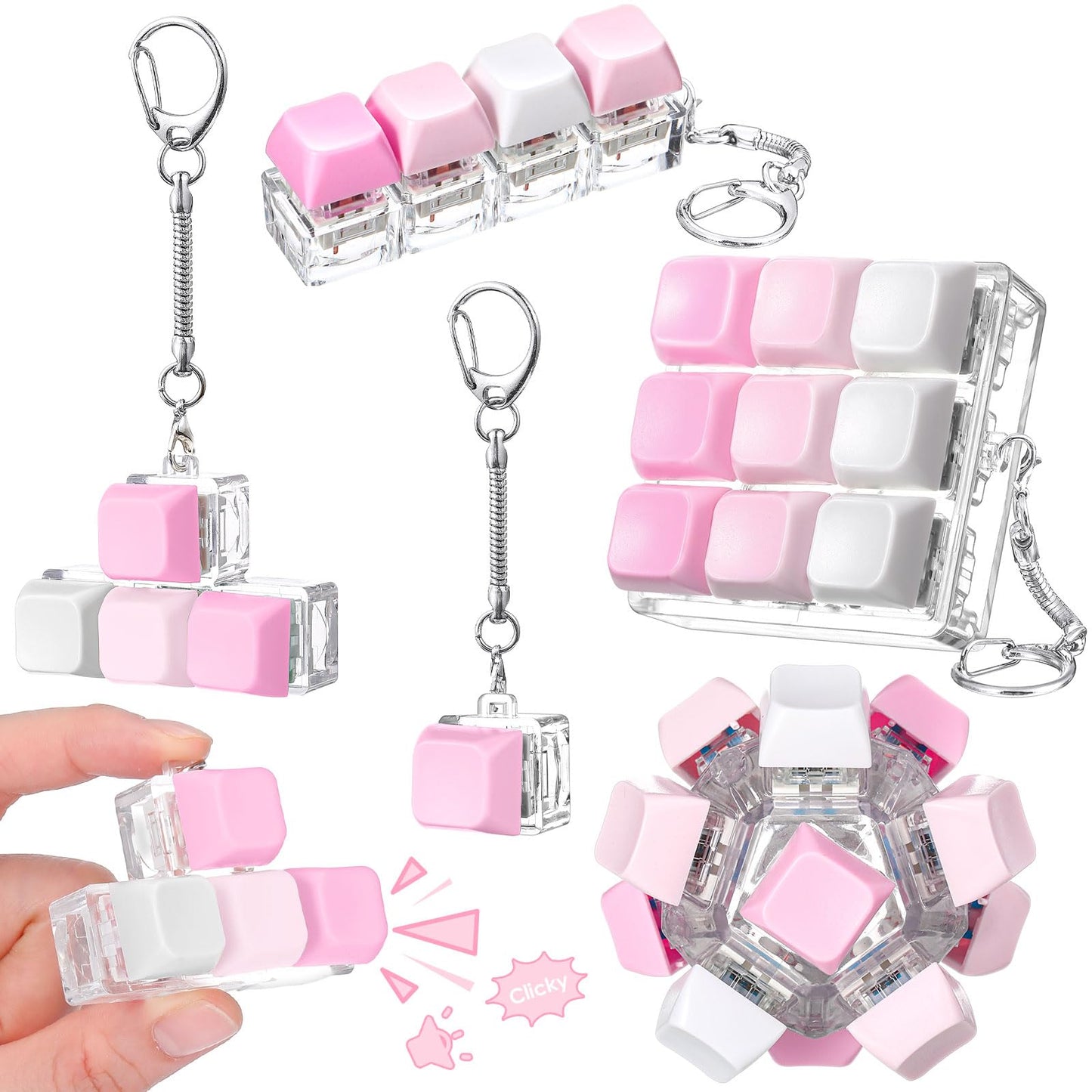 Halloscume 5 Pcs Keyboard Adult Fidget Clicker in 5 Styles Keyboard Fidget Keychain Cube Mechanical Key Button Clicker Stress Relief Gift for Office Home Pass Time(Pink Gradient)