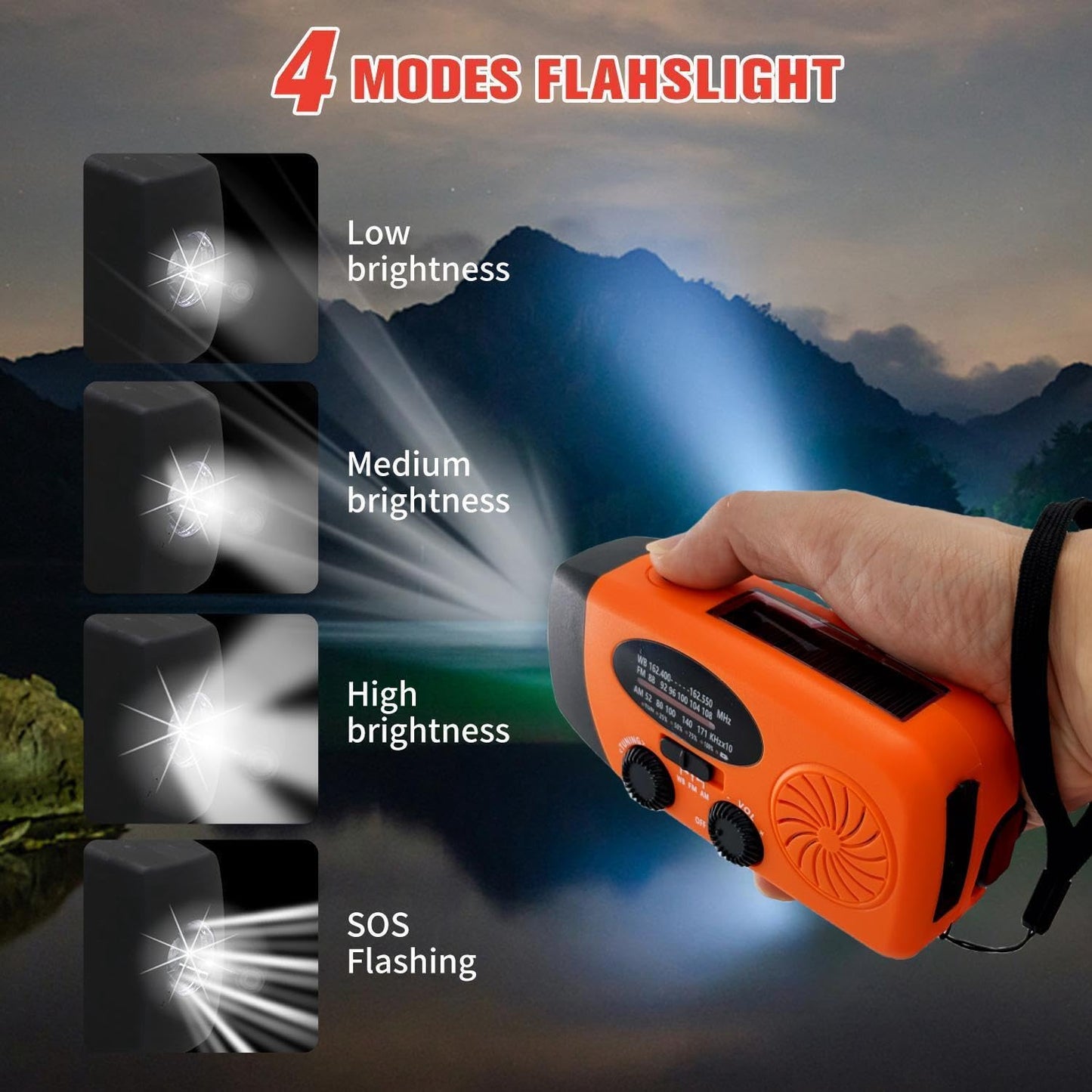 7400mWh Weather Emergency Radio, Portable Solar AM/FM/NOAA Hand Crank Radio, Cell Phone Charger with SOS, 1W LED Flashlight, Headphone Jack, Power for Emergency Preparedness (2000mAh Orange)