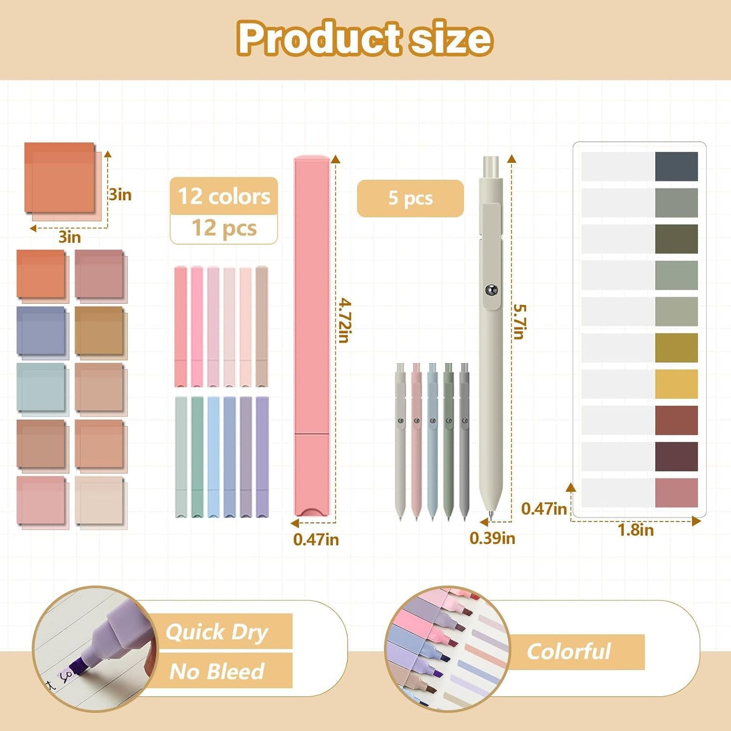 Jutom 39 Pcs Aesthetic Book Annotation Kit Highlighter with Case Bag Gel Pen Transparent Sticky Note Taking Bible Supplies(Khaki,Cute Style)