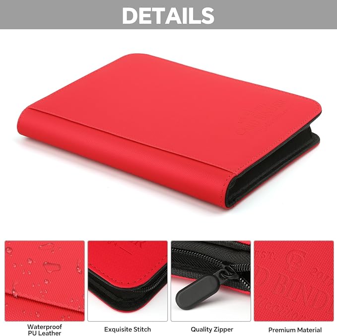 Toploader Binder, 4 Pocket Trading Card Binder Holds 128 Top Loaders, Premium Zipper Card Storage Case with Double-Sided Pockets for 3x4'' Toploaders, TCG, MTG, Sports Cards.(red)