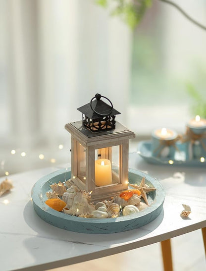 Hanobe Candle Plate Holder Tray: Round Wood Decorative Candle Plate - Rustic Farmhouse CoffeeTable Decor - Tealight Pillar Trays for Home Decor (Ocean Blue)