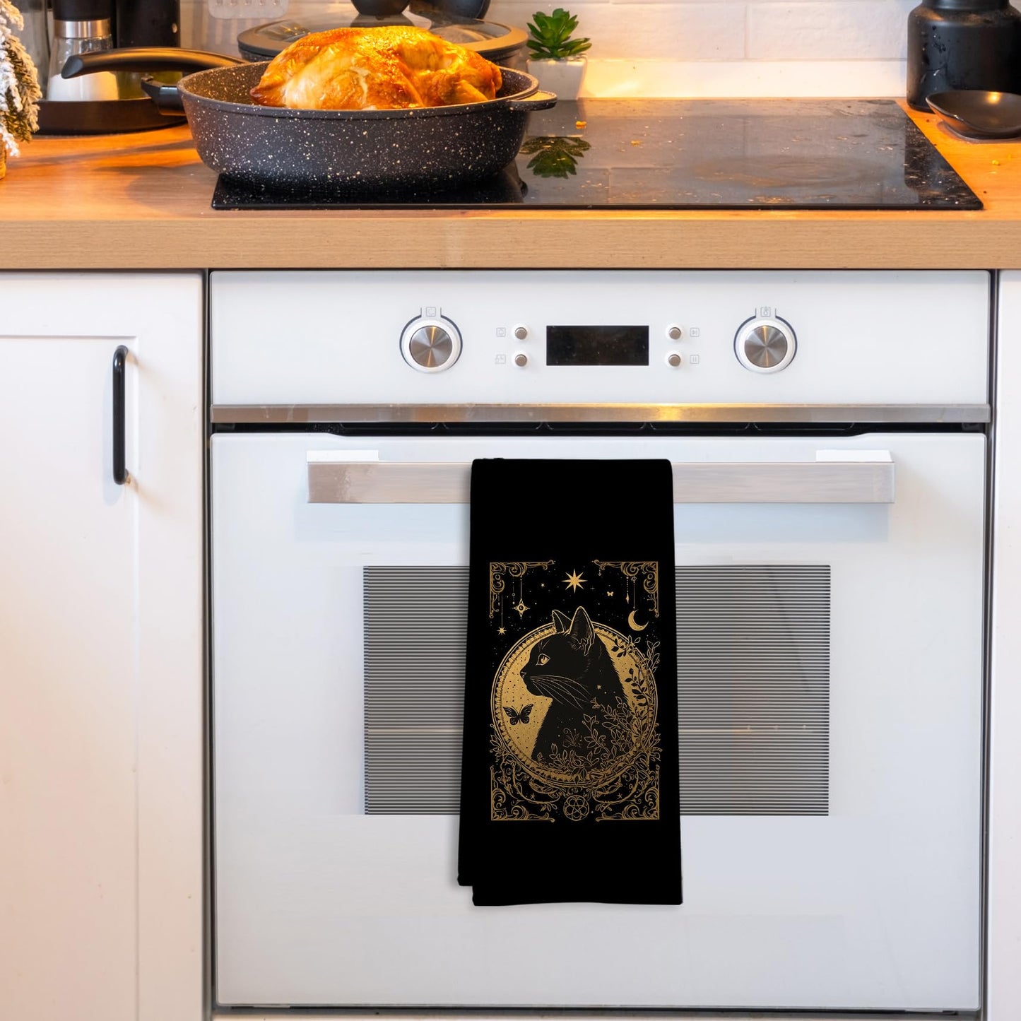 GWFSJYU Gothic Tarot Cat Kitchen Towels, Witchy Black Gold Dish Tea Towels for Kitchen, Witchy Cat Gifts for Cats Lovers Women, Cats Decorative Hand Towels for Bathroom, 16x24 Inch