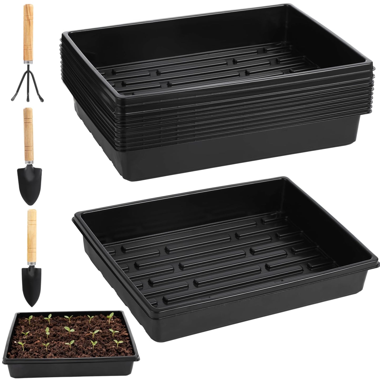 DORMIYA 10 PCS Plant Starting Trays with 3 Small Garden Tools, Thick Heavy Duty Plastic No-Hole Plant Germination Trays with Raised Drainage Ridges, Reusable Growing Trays for Peat Pot Microgreens