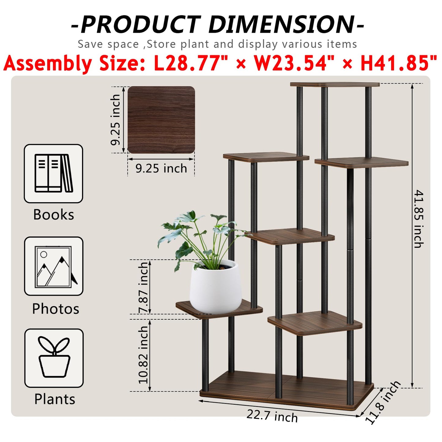 AZERPIAN Plant Stand 7 Tier Indoor Metal Flower Shelf for Multiple Plants Corner Tall Flower Holders for Patio Garden Living Room Balcony Bedroom, Black Oak