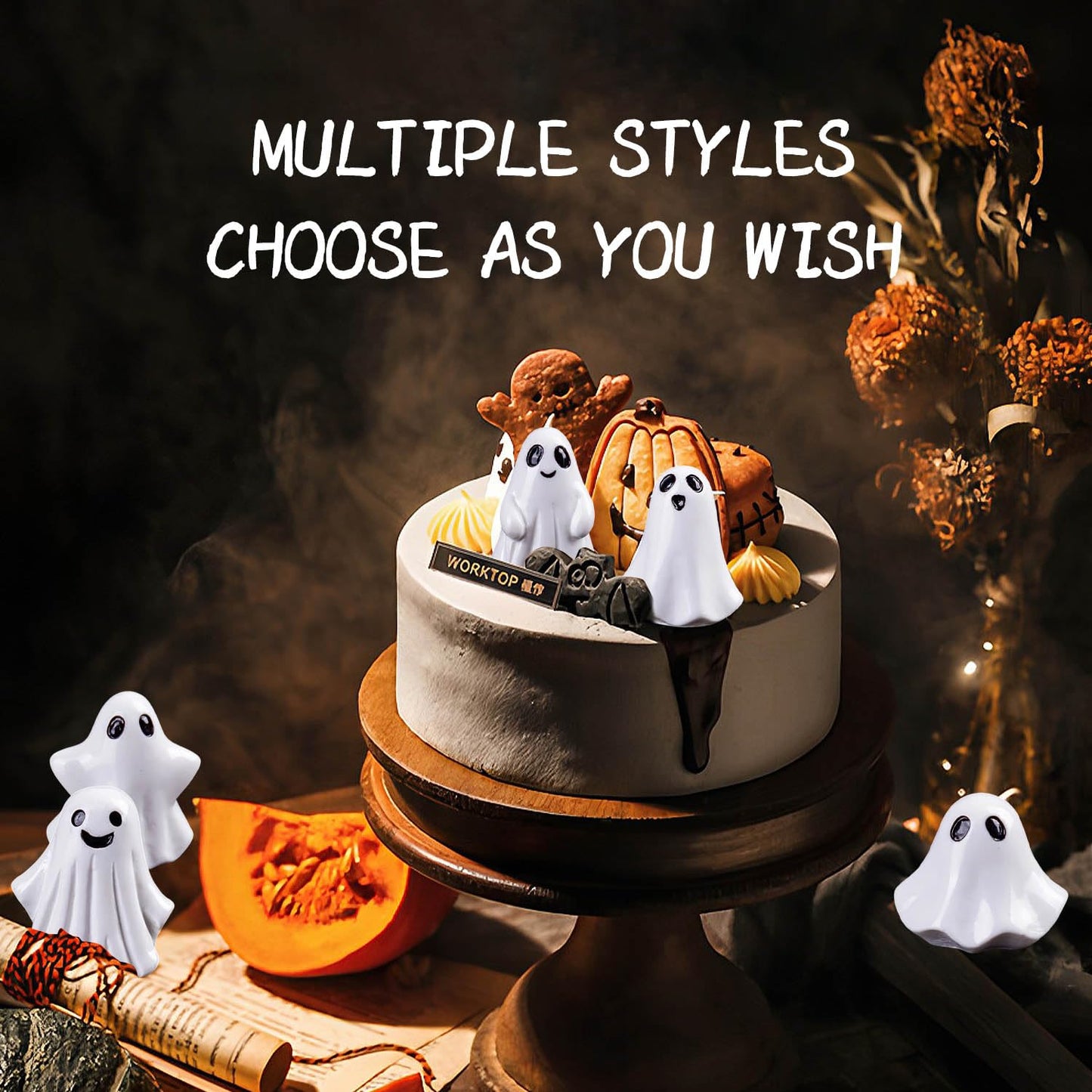 SHIFANQI 60pcs Mini Halloween Ghost Figurines, Small Resin Ghost Statues Miniature Decorations, 6 Styles Cute Spooky Ghost Figures for Tiered Tray Cake Topper Halloween Party Supplies