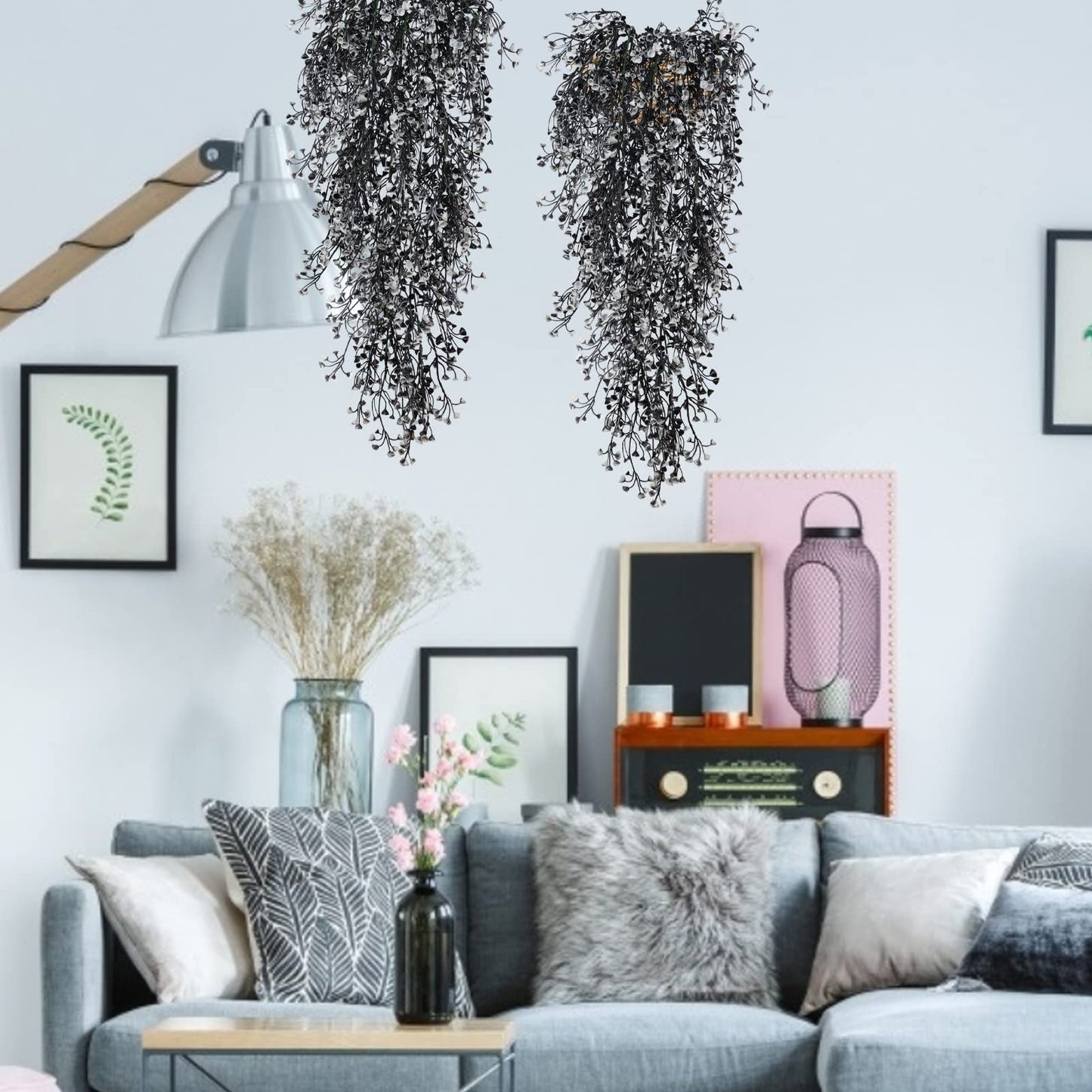 RECUTMS Artificial Hanging Plants 4 Pcs Fake Ferns Artificial Plants Large Faux Hanging Plant Wall Plants Fake Ivy Room Home Garden Wedding Halloween Party Indoor Outdoor Decor(Black White)