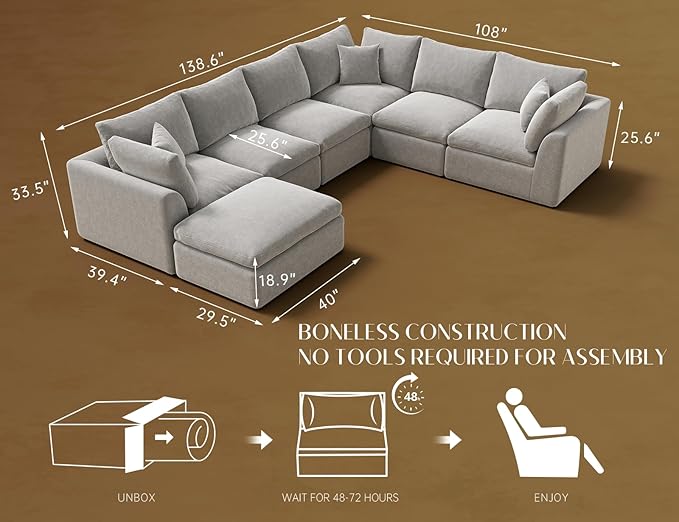 ohllob Oversized Cloud Couches for Living Room, Boneless Sectional Couch