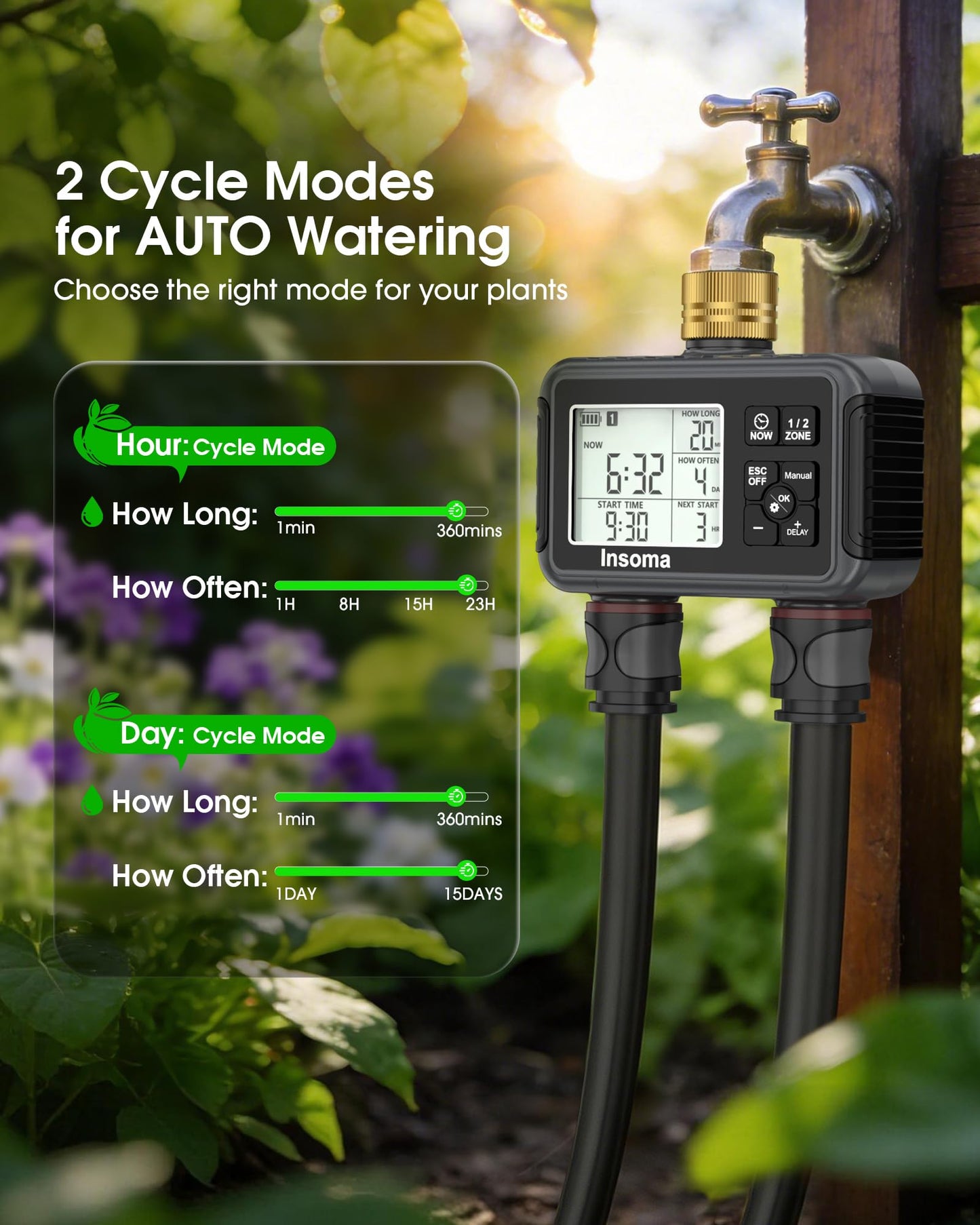 Insoma Water Timer with Brass Inlet & Outlet, 2 Independent Zones Outdoor Hose Timer for Garden Faucet with Auto/Manual/Rain Delay Mode, Sprinkler Irrigation Controller for Yard Lawn